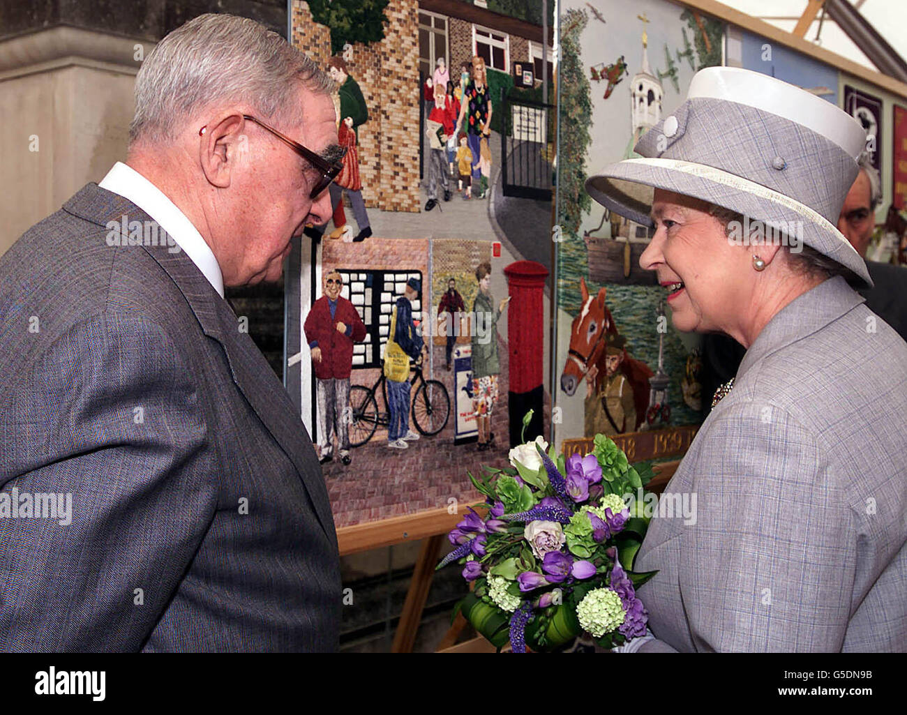 Britain's Queen Elizabeth II visiting the Sunbury Millennium Embroidery
