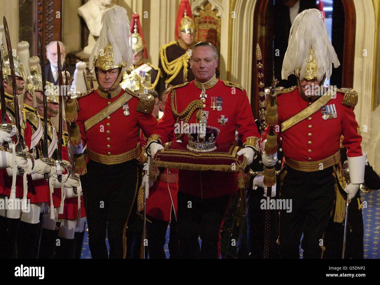 The Imperial State Crown arrives at the House of Lords prior to Britain's Queen Elizabeth II entrance on the occasion of the State Opening of Parliament, in Westminster, central London 2001. * Wearing ceremonial dress the Queen read the Queen's Speech which outlines the new Labour government's legislative programme. See PA Story POLITICS Speech. PA Photo: Fiona Hanson ROTA Stock Photo