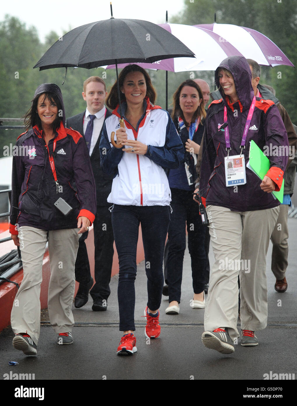 The Duchess of Cambridge arrives to watch the rowing finals at Eton Dorney in Berkshire during the Paralympic Games. Stock Photo