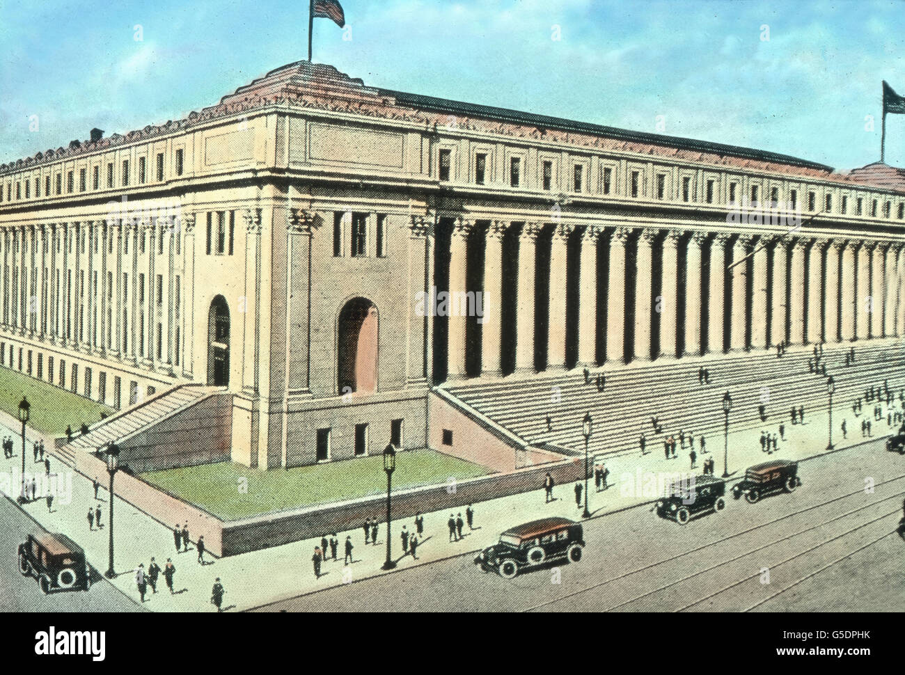 Die Hauptpost in New York.  America, North, USA, United States of, Main Post office, travel, 1910s, 1920s, 20th century, archive, Carl Simon, history, historical, mail, post, office, department, architecture, building, illustration, hand coloured glass slide Stock Photo