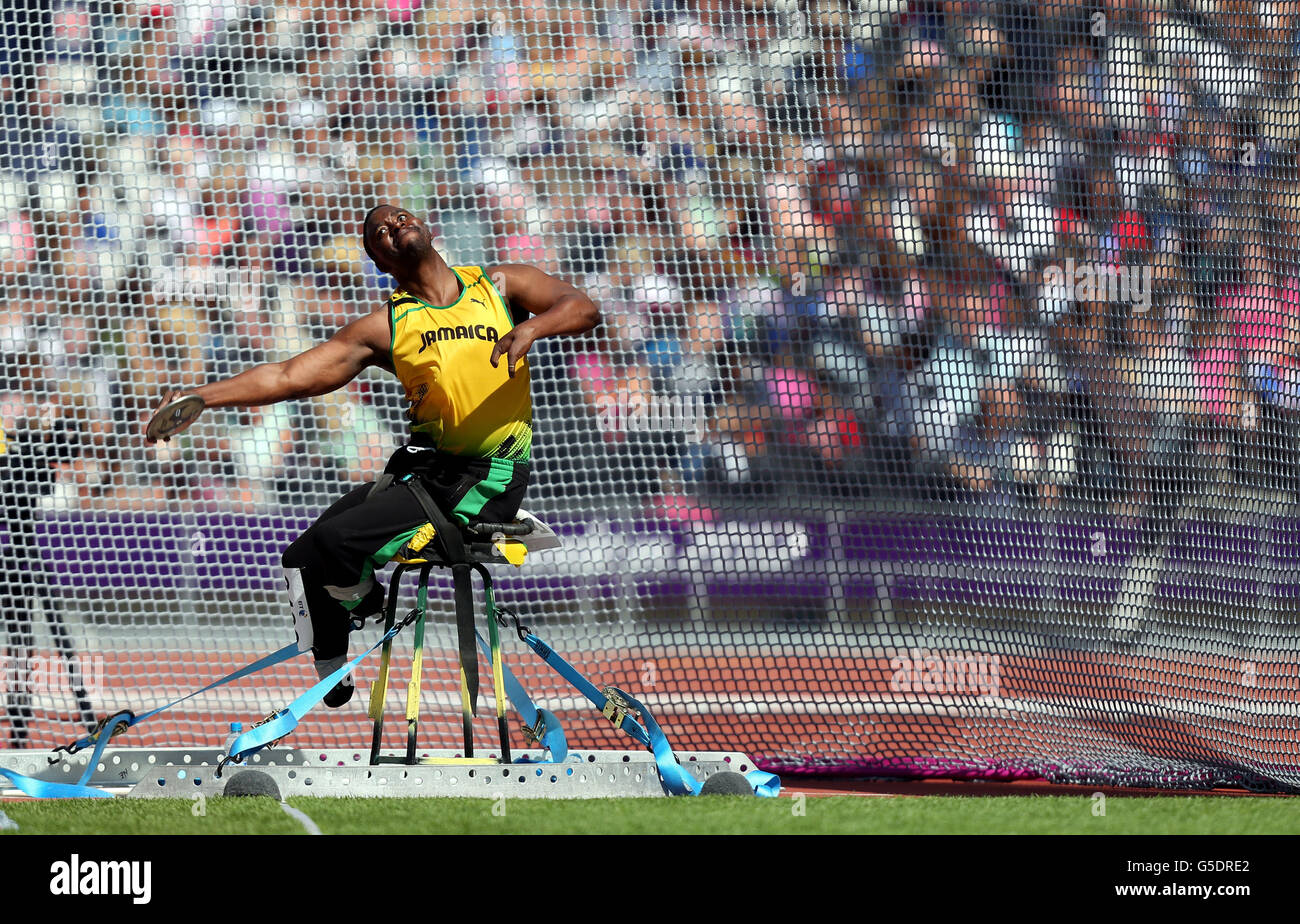 London Paralympic Games - Day 7. Jamica's Tanto Campbell during the Men's Discus Throw F54/55/56 category in the Olympic Stadium, London. Stock Photo