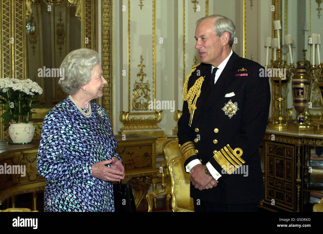 Britain's Queen Elizabeth II receiving Admiral Sir Michael Boyce on assumng the appointment of the Chief of the Defence Staff, at Buckingham Palace, London. Stock Photo