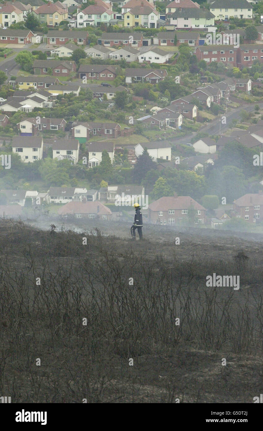 A member of a fire crew controlling a heathland blaze which has destroyed around 30 acres spreading across gorse and heathland on North Hill beauty spot that overlooks Minehead, Somerset. Holidaymakers on a campsite near the blaze were evacuated as a precaution. *The blaze broke out over four acres of gorse, with fire crews and specialist units from Somerset and neighbouring Devon working to control it through the night. Stock Photo