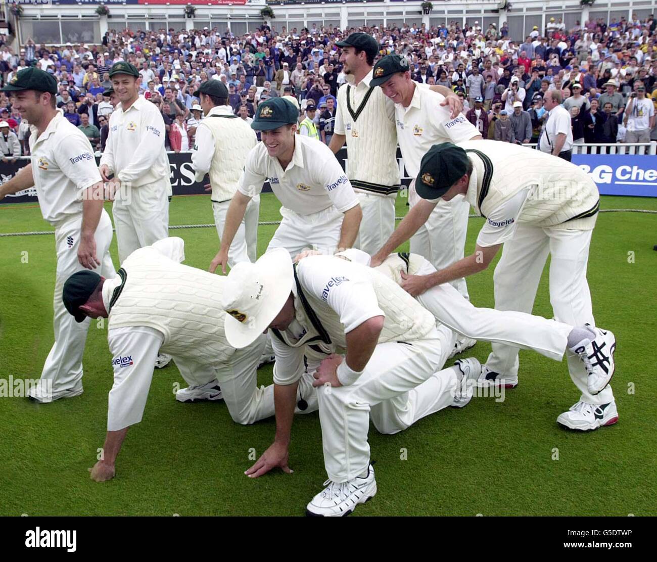 The only Australian collapse at Edgbaston was their victory photgraph formation after they won the First Test match against England by an innings and 118 runs at Edgbaston, Birmingham. Stock Photo