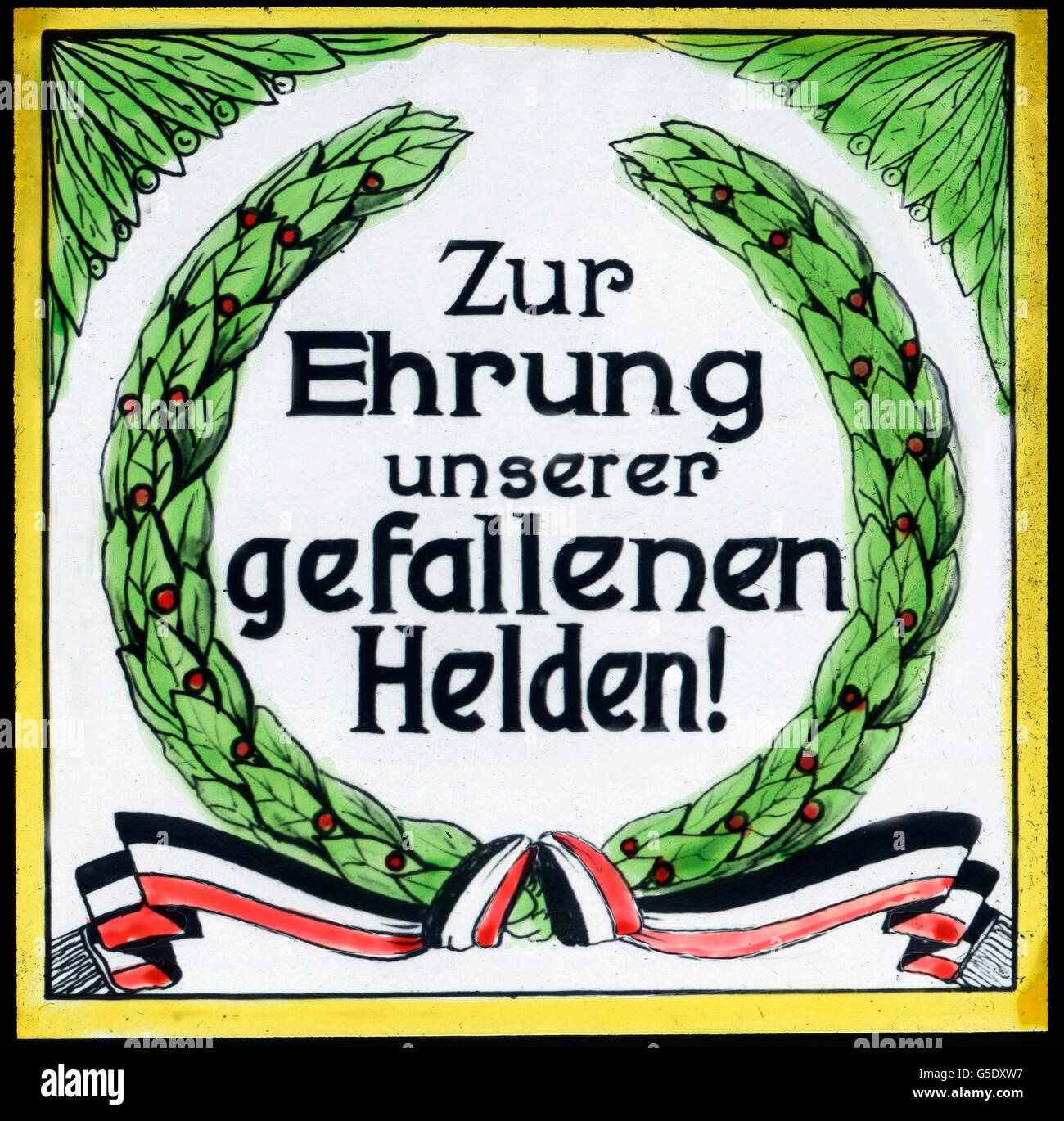 Zur Ehrung unserer gefallenen Helden. To the memory of our heroes killed. Germany, war, World War, WWI, 1, history, historical, 1910s, 20th century, archive, Carl Simon, hand coloured glass slide, German, cover, hero, heroism, propaganda Stock Photo