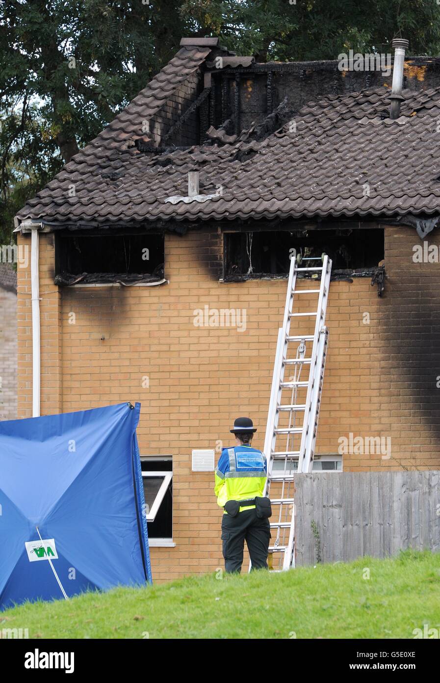 General view of the property in Cwmbran, south east Wales, where Kim Buckley, 46, her 17-year-old daughter Kayleigh Buckley and her six-month-old grand-daughter Kimberley Buckley died after a suspected arson attack. Stock Photo