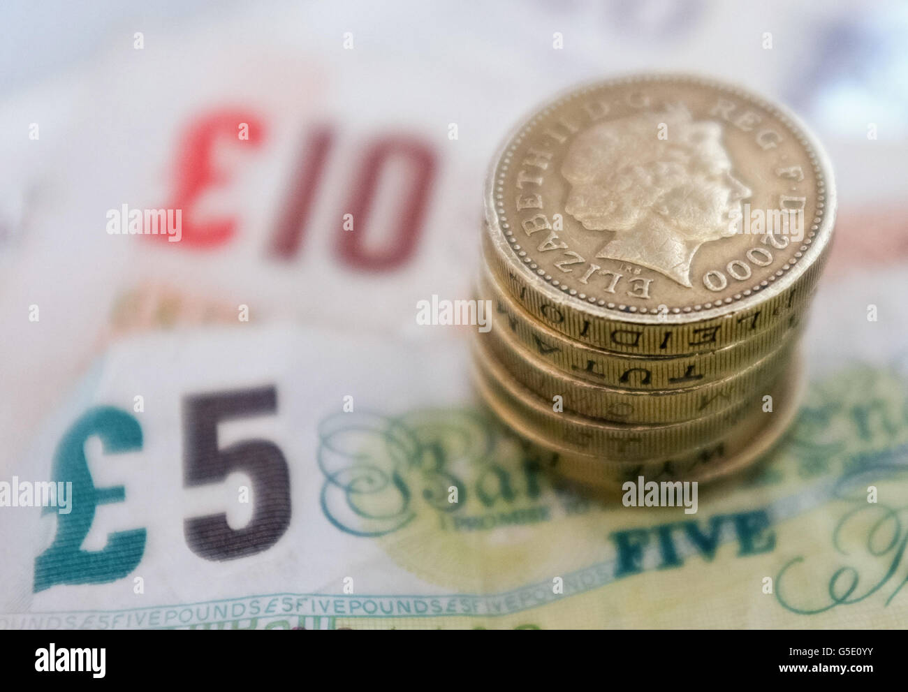 A general view of some UK pound coins and banknotes, as inflation edged lower last month with higher petrol pump prices bring offset by softer clothing costs and utility bills, official figures revealed today. Stock Photo
