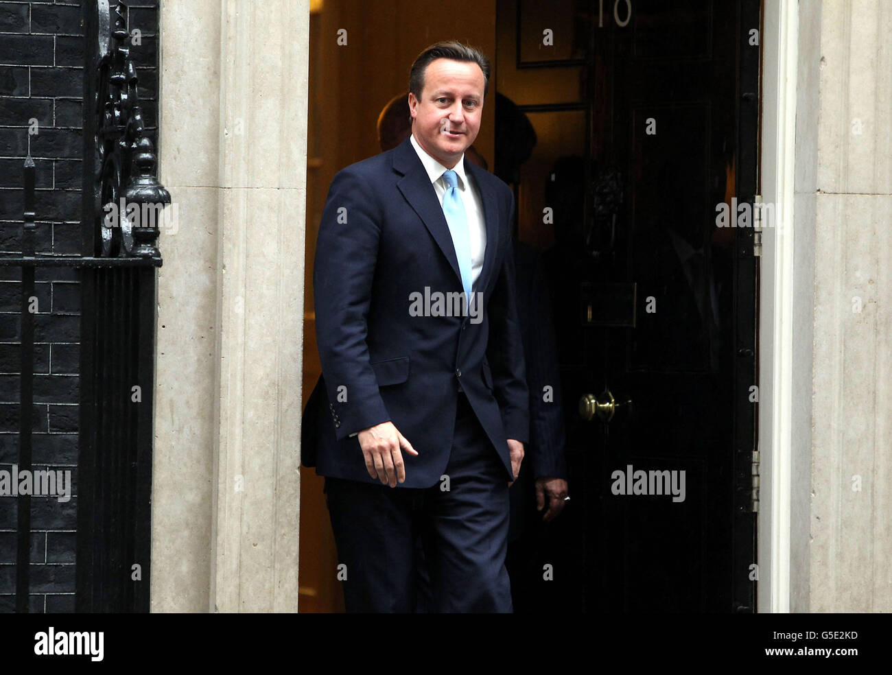 Prime Minister David Cameron arrives to greet Yemeni President Abdrabuh Mansur Hadi (not pictured) in Downing Street, London. Stock Photo