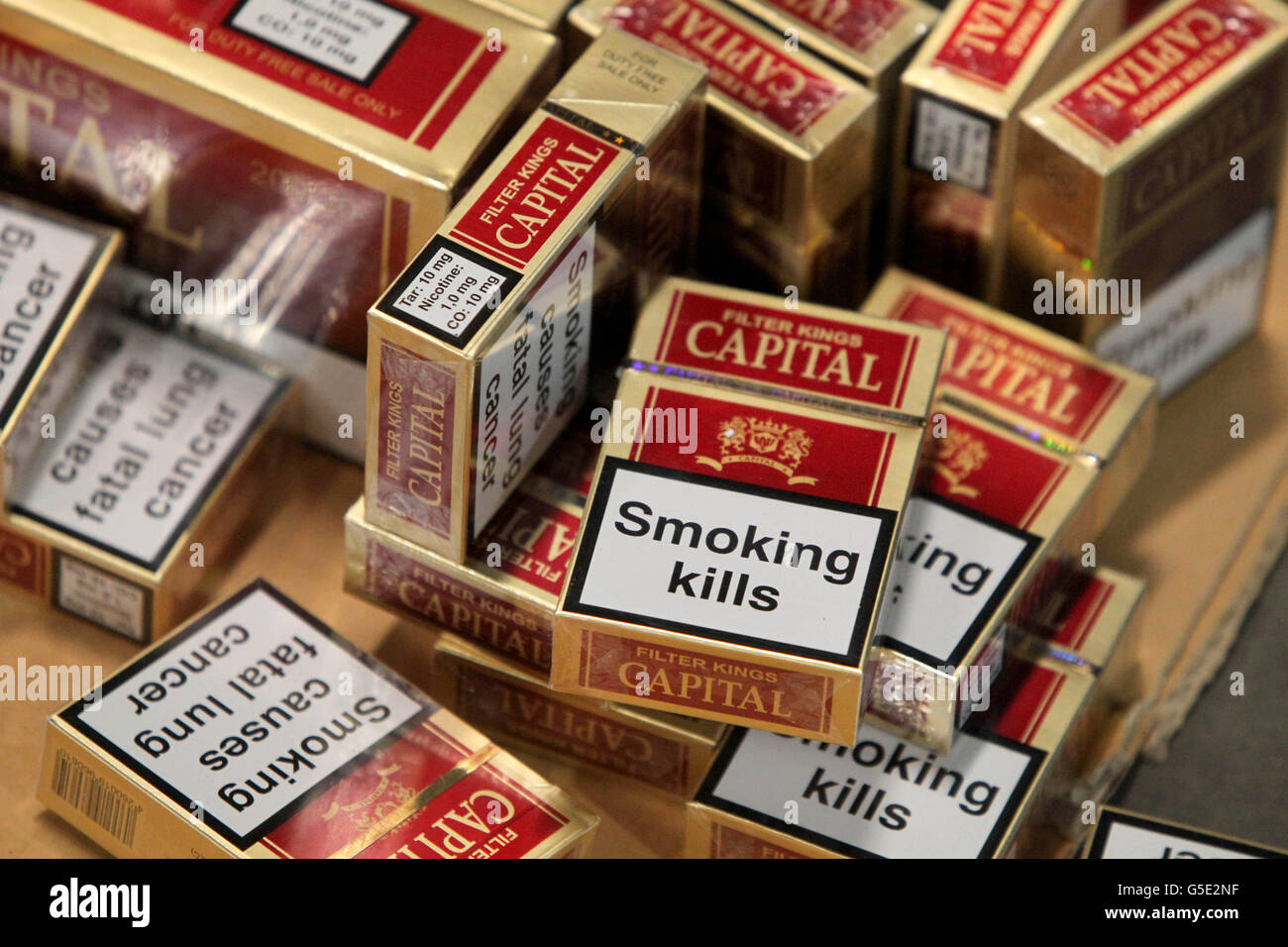 port cigarettes Some of the more than 7.6 million contraband cigarettes which have been  seized by customs officers at Dublin Port Stock Photo
