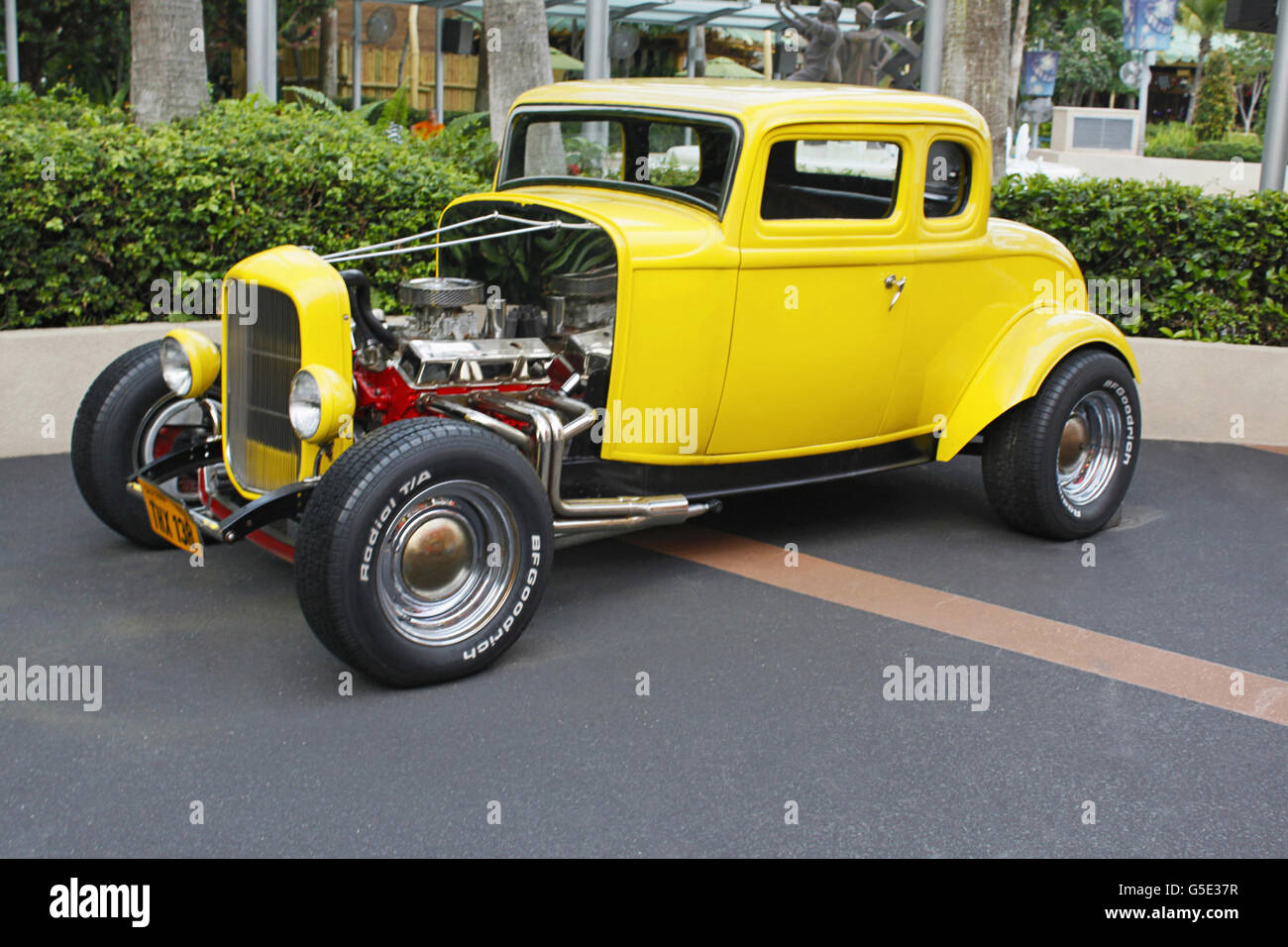 Yellow 1932 Ford Coupe converted to Hotrod, Universal Studio, Singapore Stock Photo