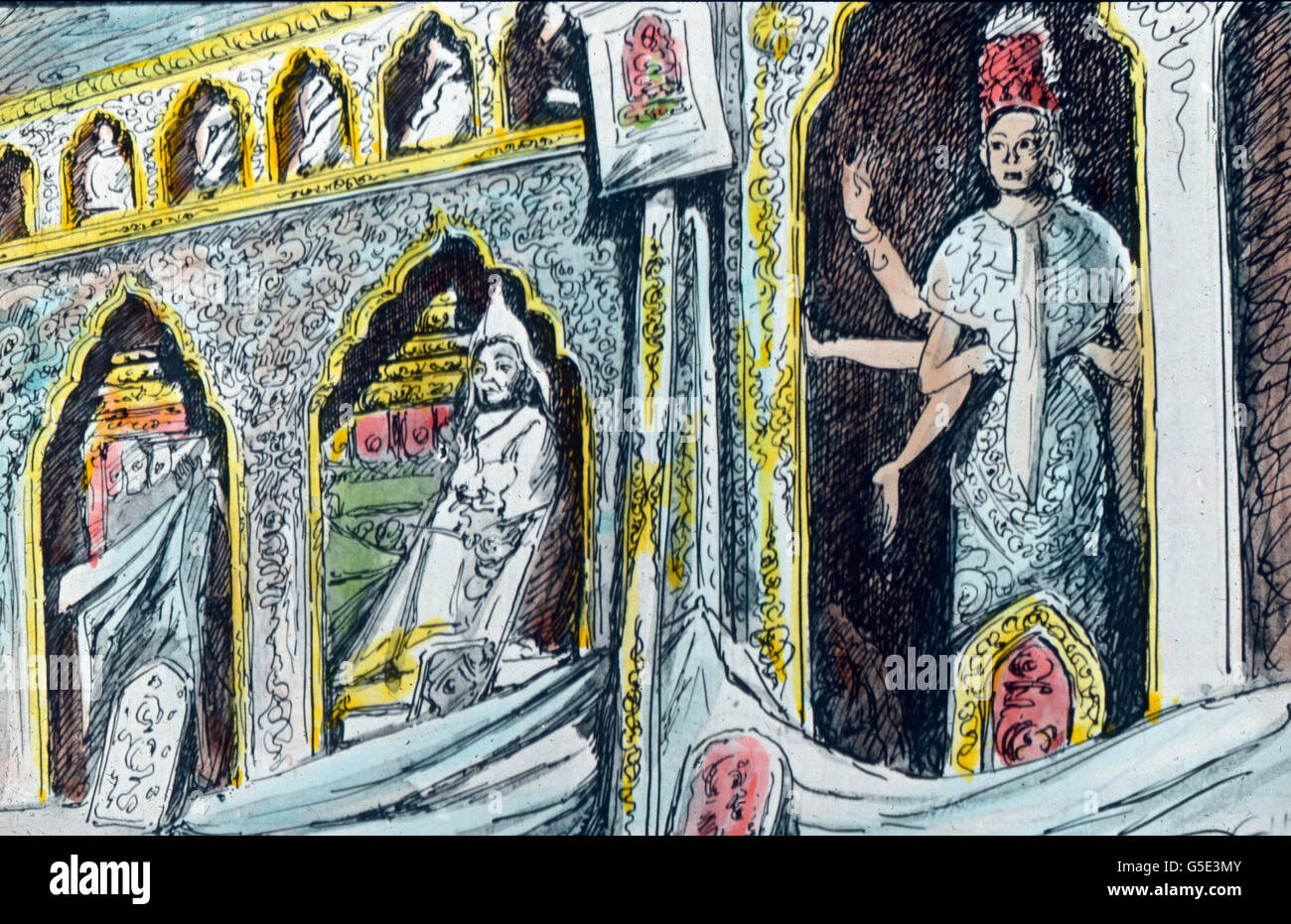 Zeichnung des Inneren eines Klostersaales in Tibet. Drawing of an monastery interior in Tibet. travel, history, historical, 1910s, 20th century, archive, Carl Simon, hand coloured glass slide, illustration, monastery, wall, statue, niche, religion, architecture Stock Photo