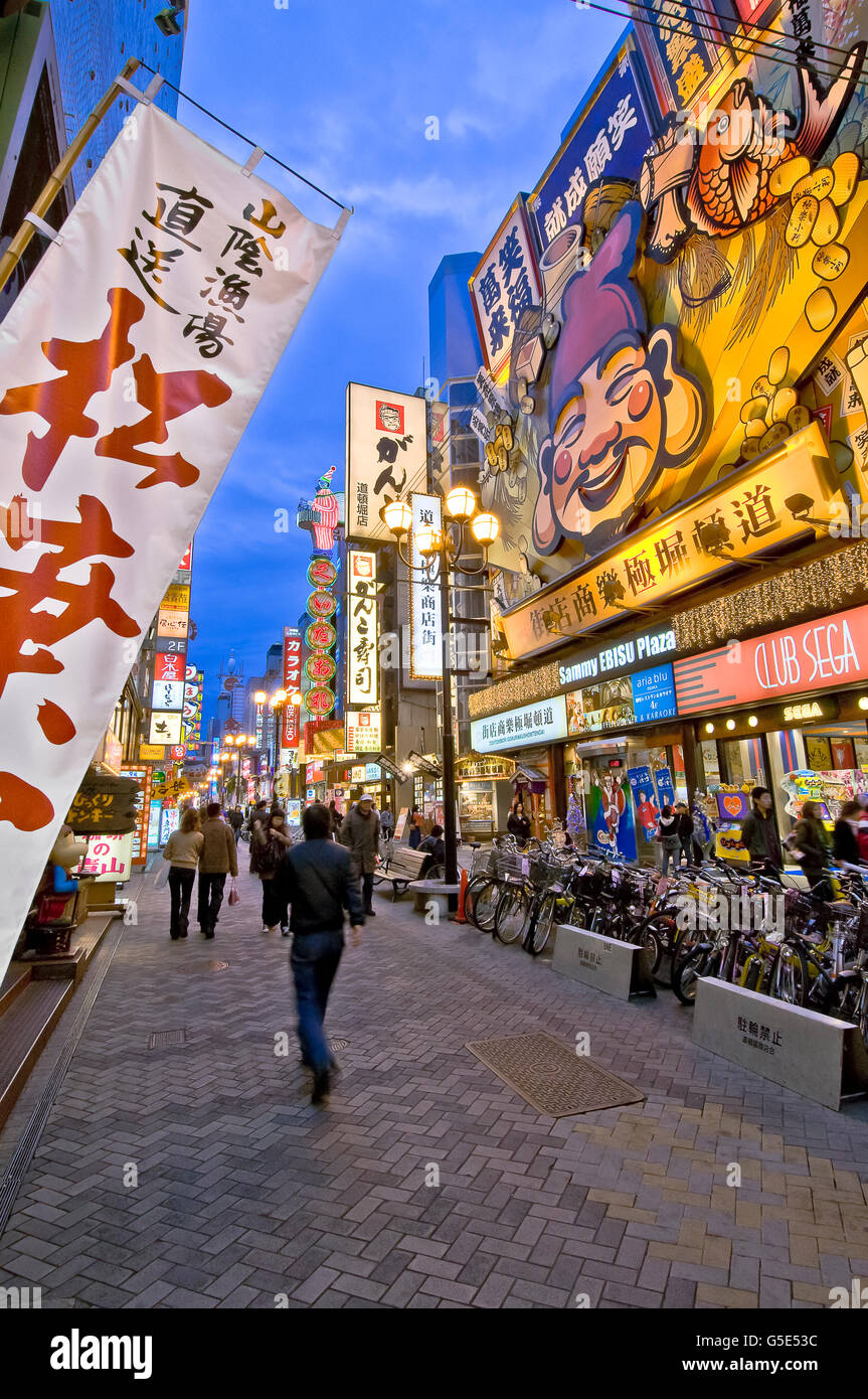 Urban street scene at night, Dotonbori District, Minami, Osaka, Japan, Asia Stock Photo