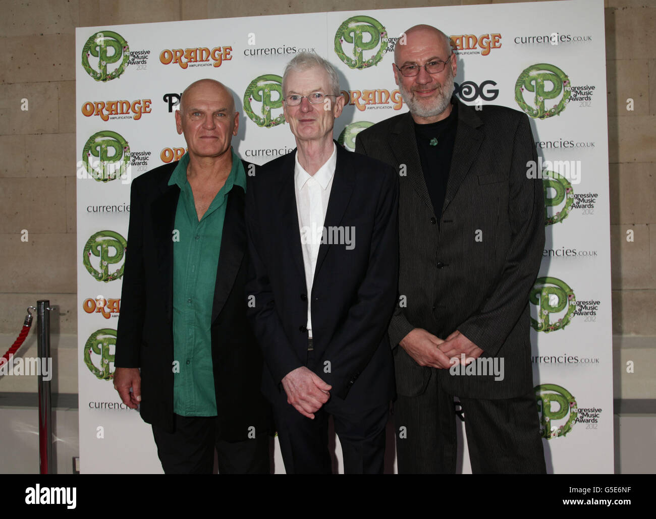 (Left to right) Guy Evans and Peter Hamill from Van der Graff Generator and Fish from Marillion arriving at the Orange Amplification Progressive Music Awards at Kew Gardens in Richmond, Surrey. Stock Photo