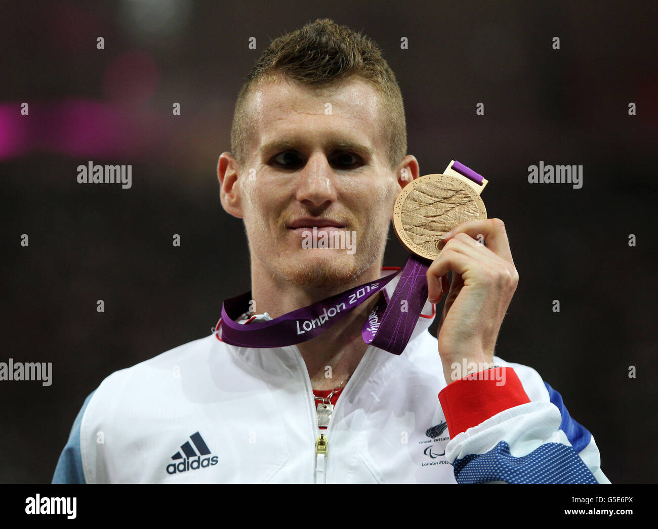 Great Britain's David Devine with his Bronze medal won in the Men's 800m - T12 Final at the Olympic Stadium, London. Stock Photo