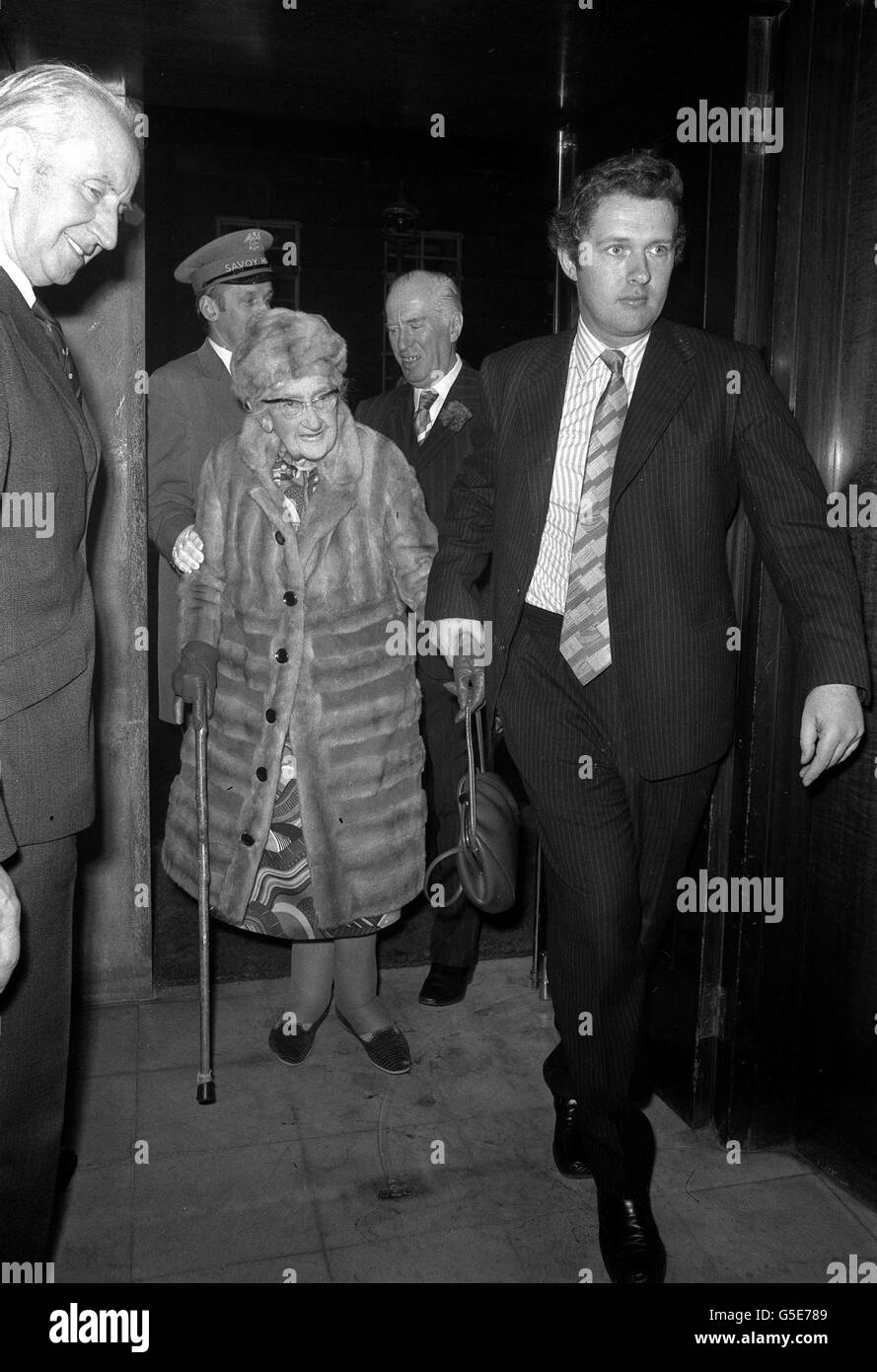 Authoress Agatha Christie with her grandson Matthew Prichard leaving the Savoy Hotel, London Stock Photo