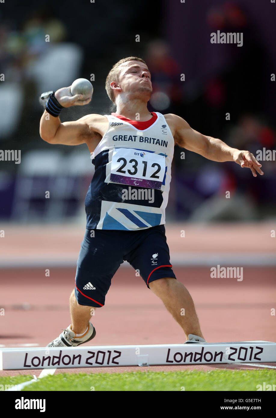 Great Britain's Kyron Duke during the Men's Shot Put F40 category in the Olympic Stadium. Stock Photo