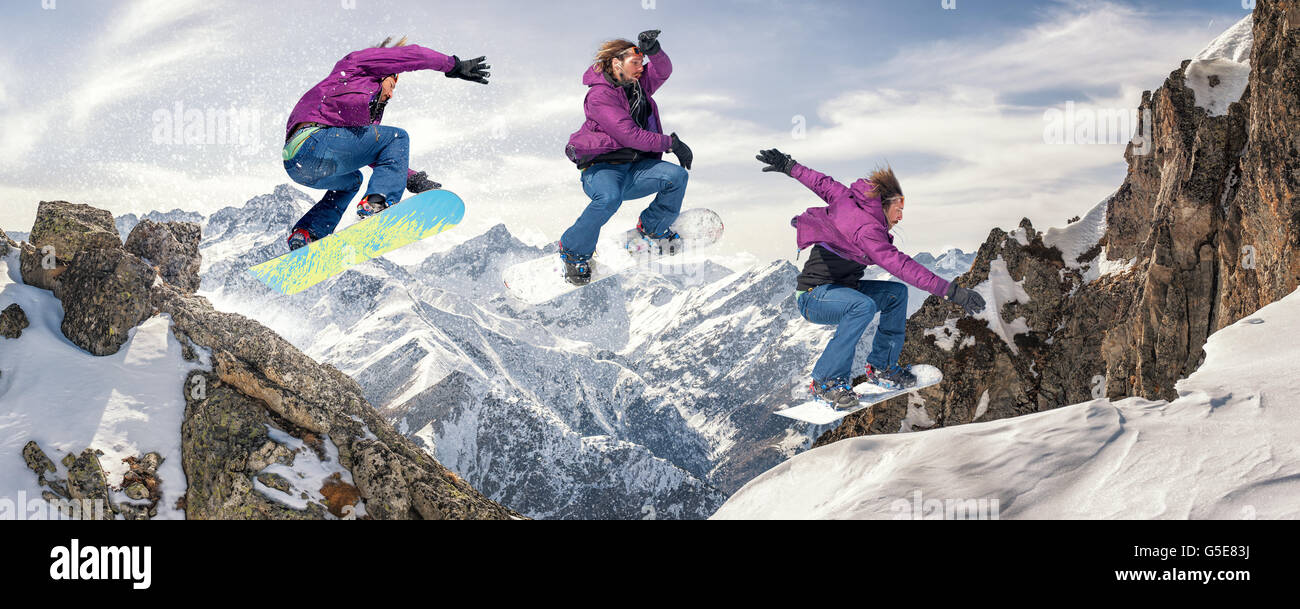 Snowboarding jump sequence. Les 2 Alpes, France Stock Photo Alamy