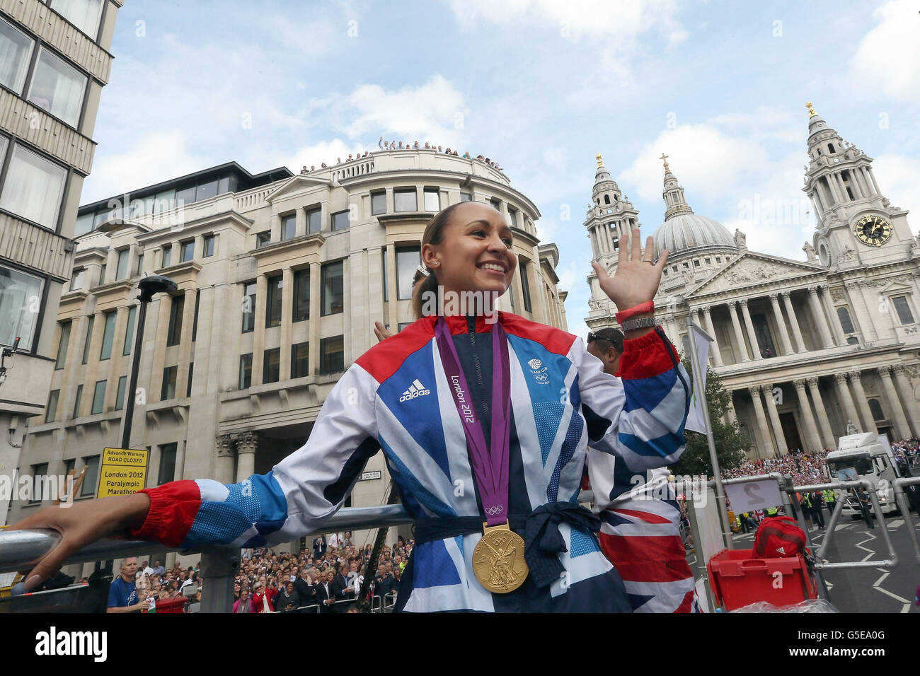 British Olympic heptathlon gold medalist Jessica Ennis waves to the