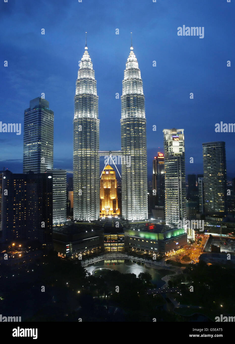 A general view showing the Petronas Towers in Kuala Lumpur during a nine-day tour of the Far East and South Pacific, by The Duke and Duchess of Cambridge, in honour of the Queen's Diamond Jubilee. Stock Photo