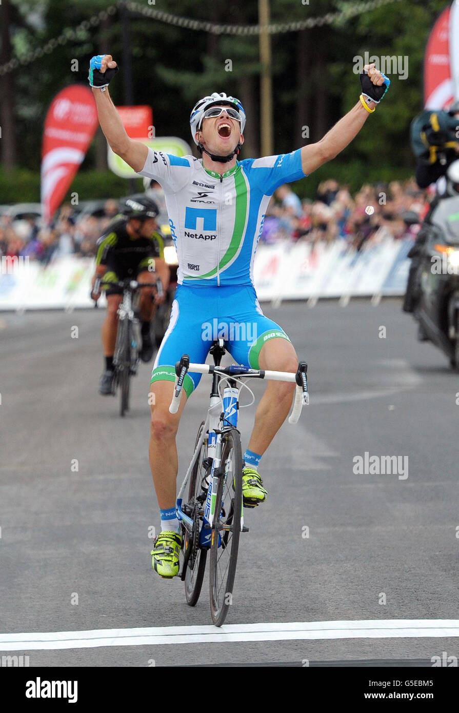 Cycling - Tour of Britain - Stage Six. Leopold Koenig celebrates victory during the sixth stage of the Tour of Britan in Stoke. Stock Photo