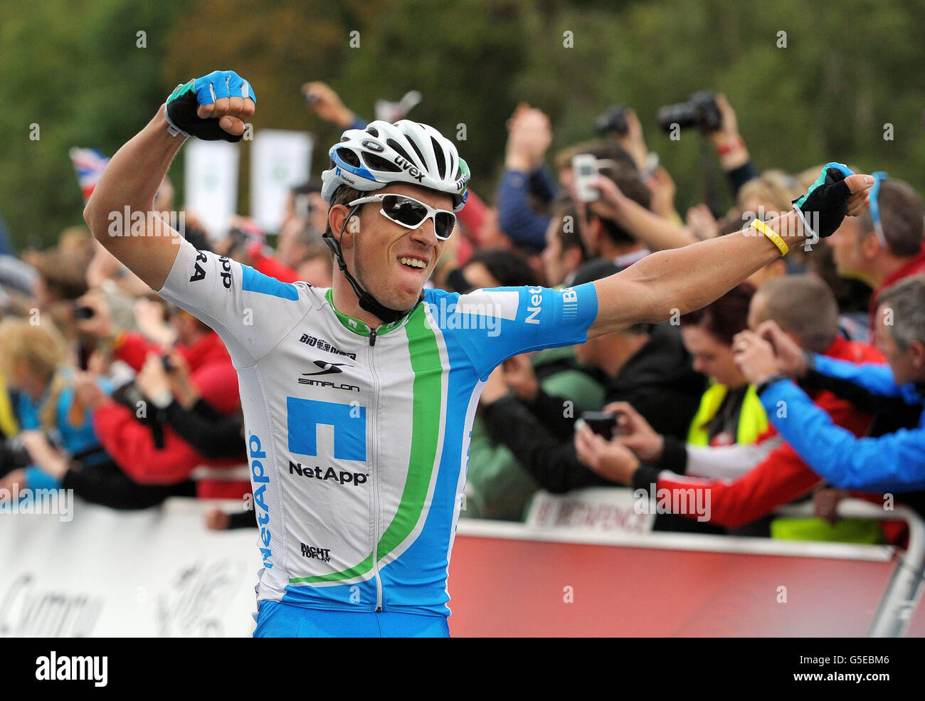 Leopold Koenig celebrates victory during the sixth stage of the Tour of Britan in Stoke. Stock Photo
