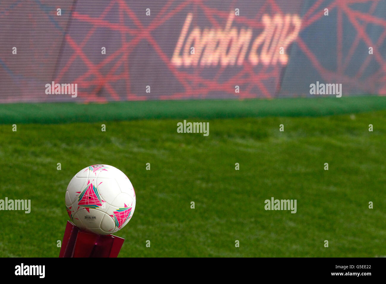 London Olympic Games - Games competitions - MON. The match ball on a stand prior to kick-off Stock Photo