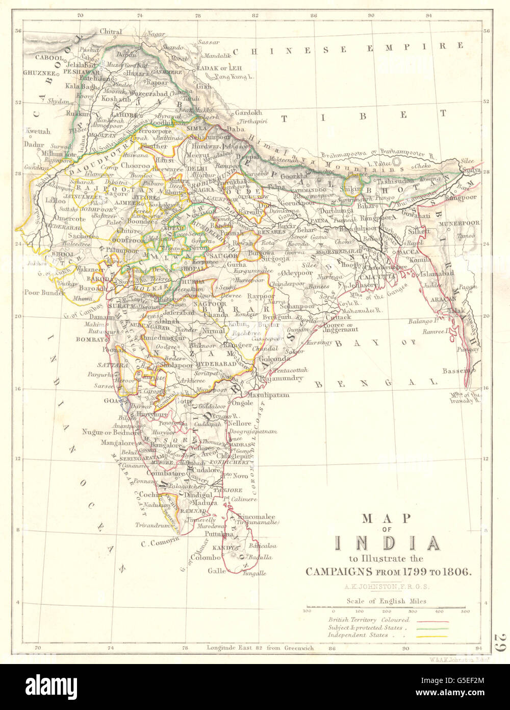 INDIA: Map to Illustrate the campaigns from 1799 to 1806. Napoleonic Wars 1848 Stock Photo