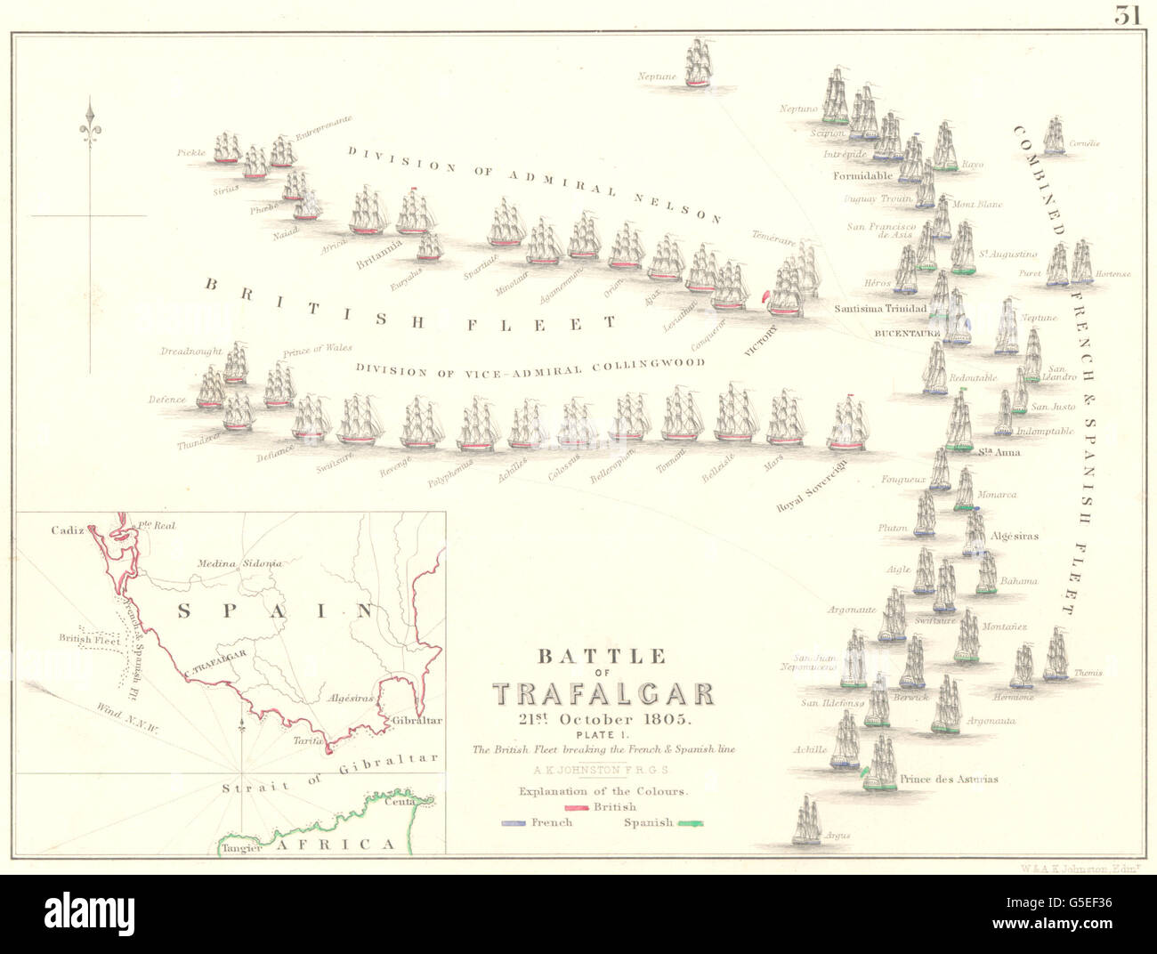 BATTLE OF TRAFALGAR: 21st October 1805 - sheet 1. Spain, 1848 antique map Stock Photo