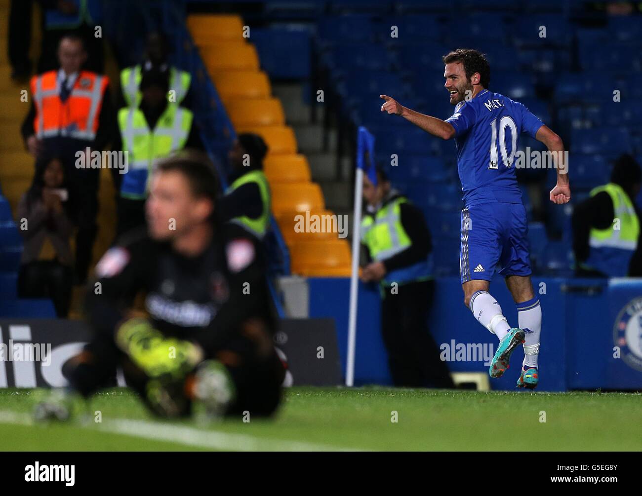 Chelsea's Juan Mata celebrates scoring his side's third goal Stock Photo