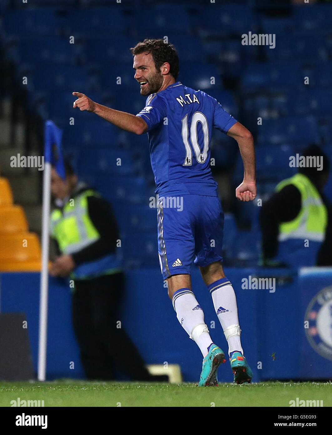 Chelsea's Juan Mata celebrates scoring his side's third goal Stock Photo