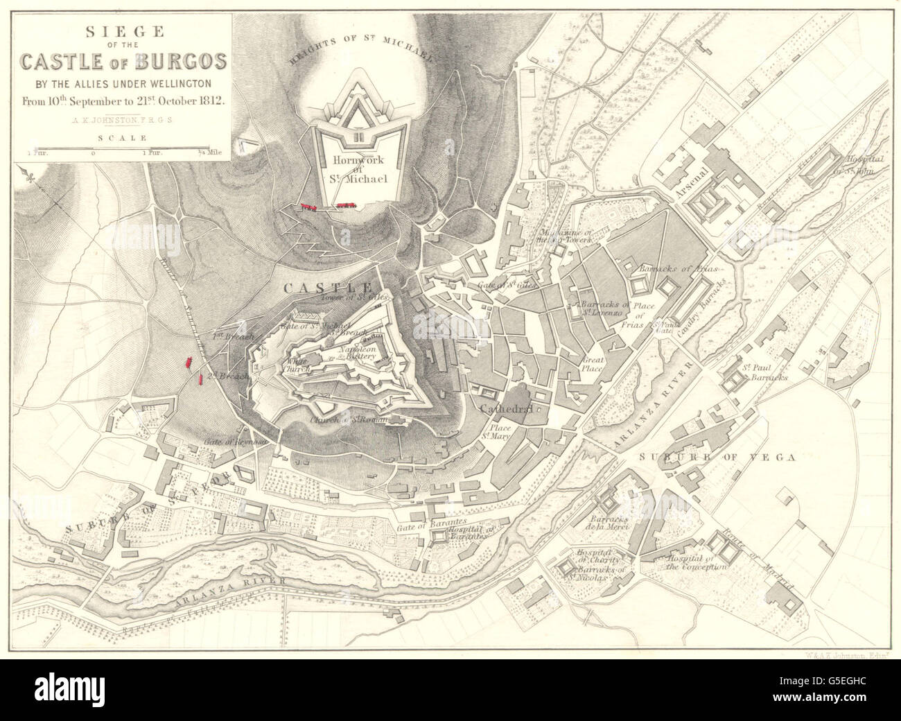 SIEGE OF BURGOS CASTLE: Allies Wellington 10 Sep- 21 Oct 1812, 1848 old map Stock Photo