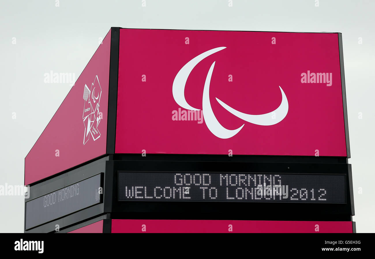 London Paralympic Games, Day 3. A sign welcomes spectators to the Olympic Park, London. Stock Photo