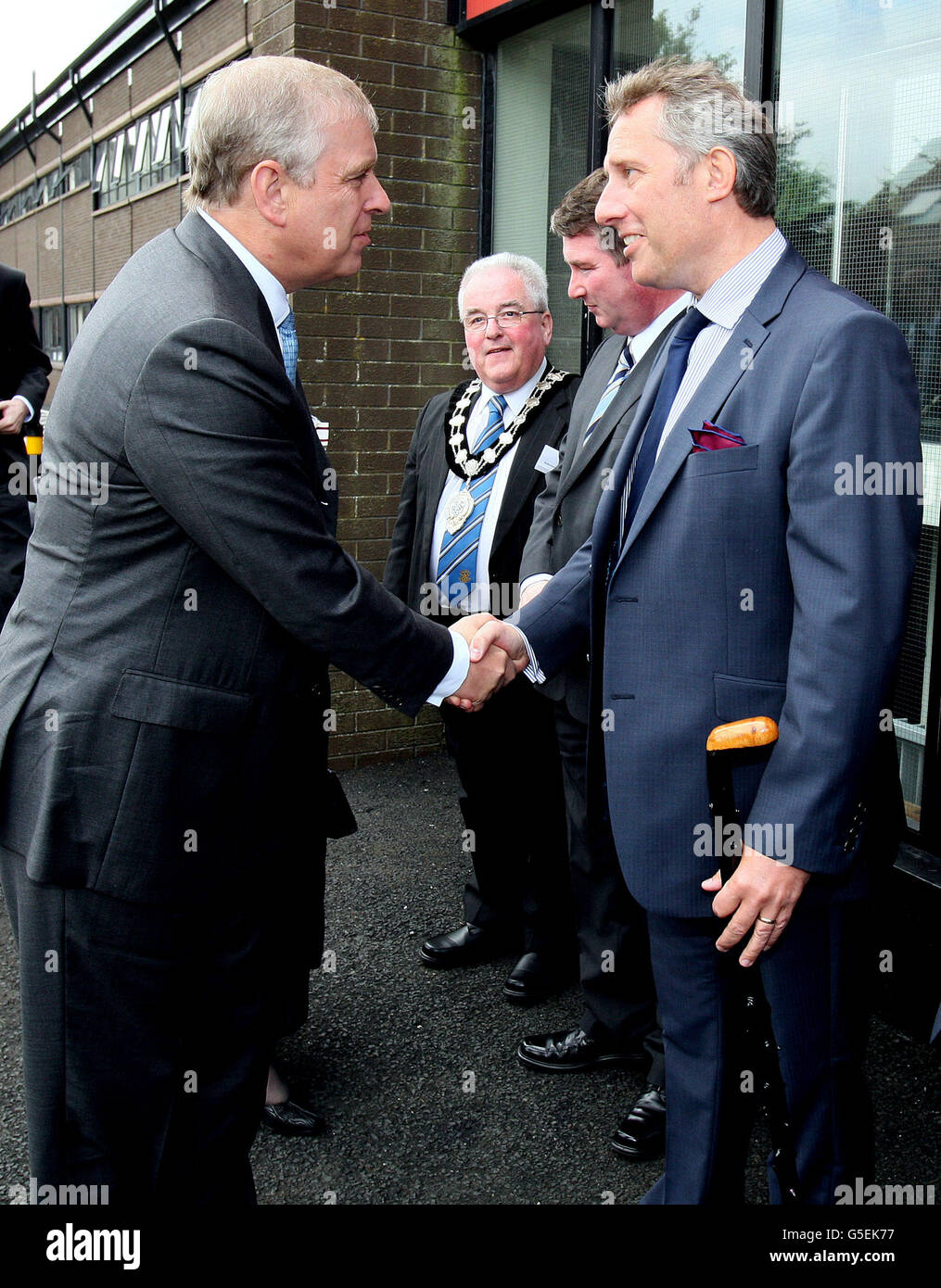 The Duke of York, Prince Andrew, is welcomed to the Northern Regional College in Ballymena, Co Antrim by Ian Paisley Jnr, MP for the area, where he presented him with a North Antrim Blackthorn stick. Stock Photo