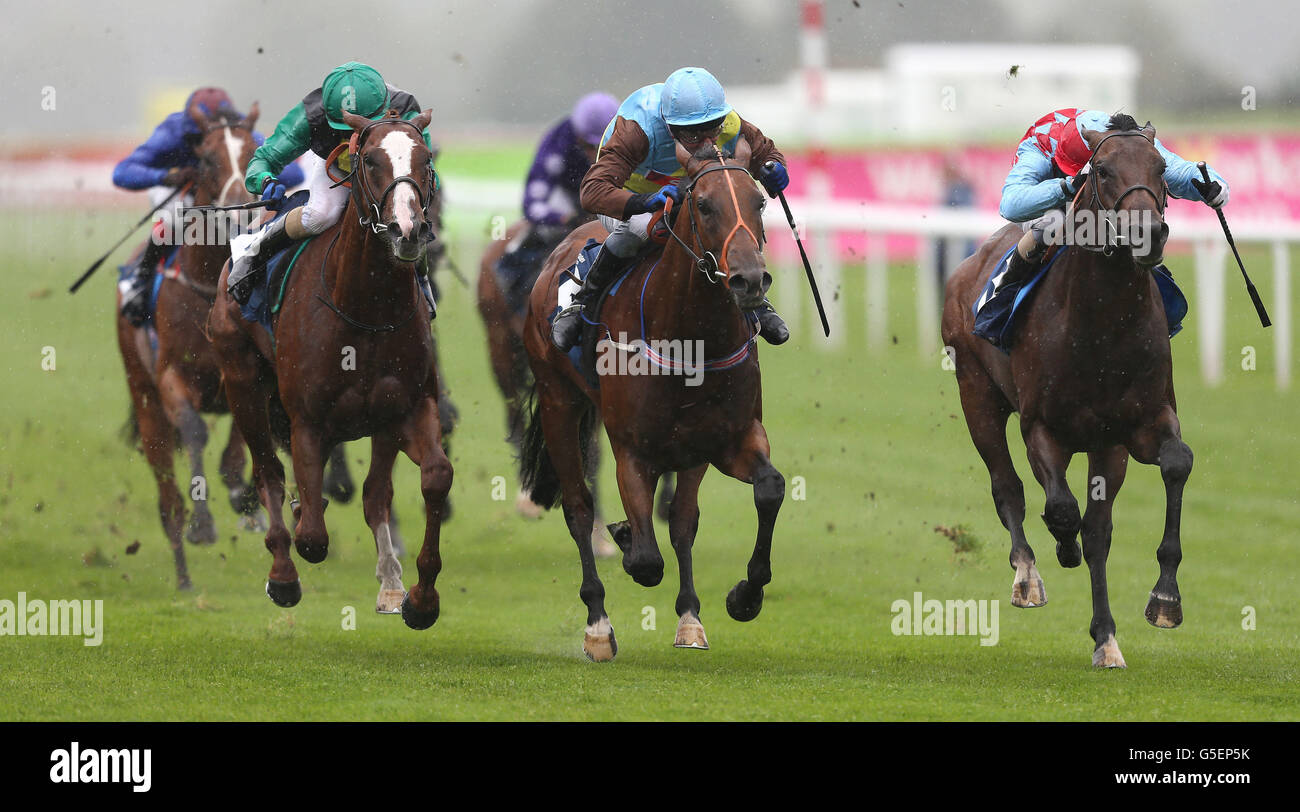 Regal Dan (centre) ridden by Michael Hills beats Red Avenger (right) and Prince Regal to win The Arena Structures Nursery Handicap Stakes during the Ladbrokes St Leger Festival at Doncaster Racecourse. Stock Photo