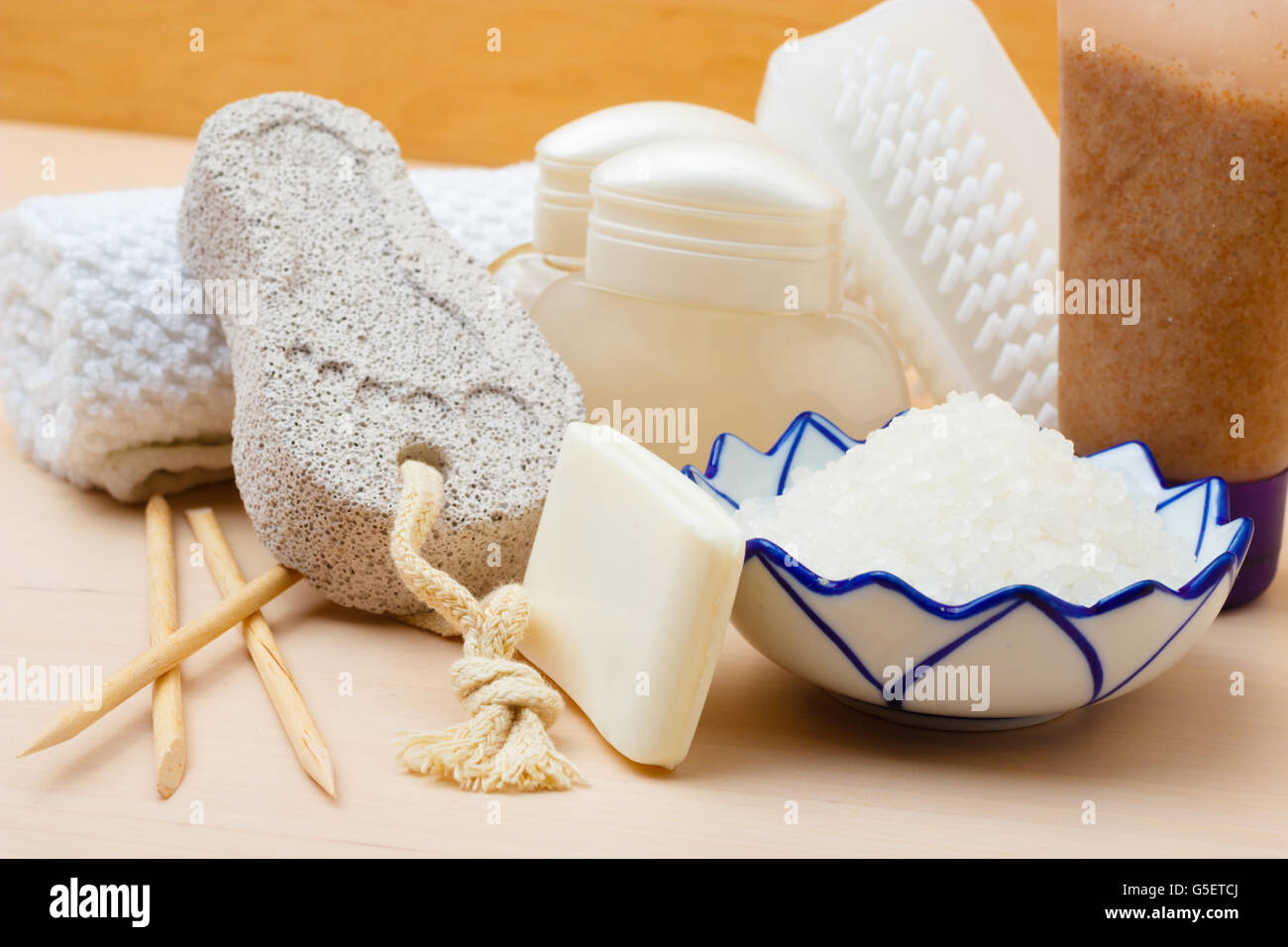 Foot nails care and cosmetics. Pedicure accessories set tools close up