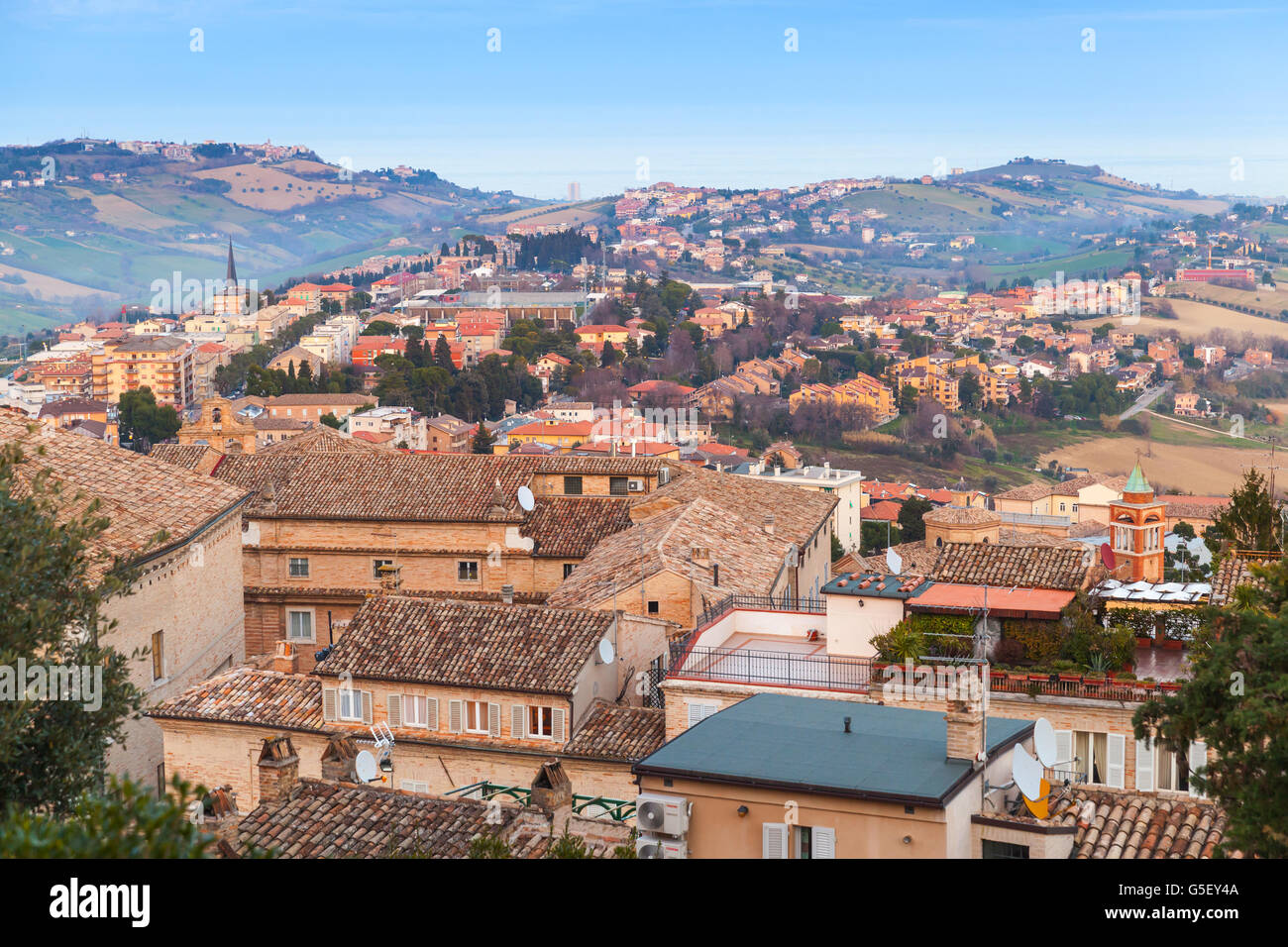 Panorama of small Italian town. Province of Fermo, Italy Stock Photo