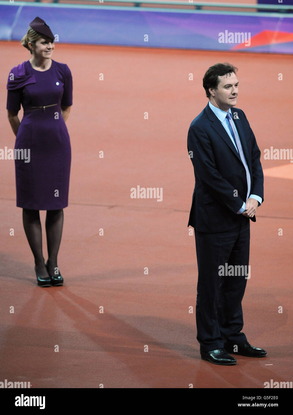 Chancellor George Osborne prepares to present medals for the men's T38 400m race, during which he was loudly booed as his name was announced in the Olympic Stadium, at the Paralympic Games in Stratford, London. Stock Photo