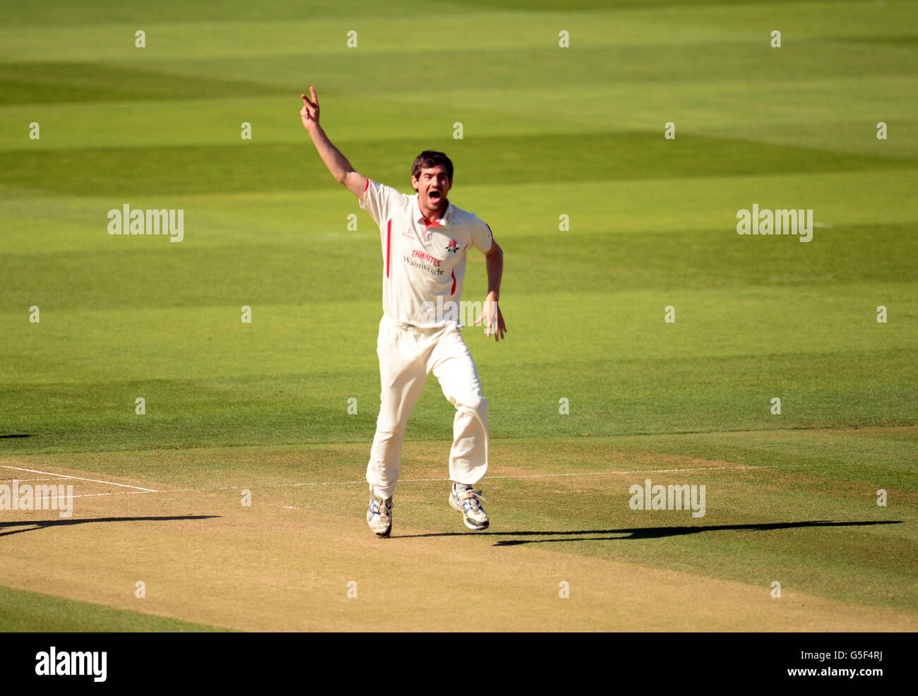 Cricket - LV County Championship - Division One - Day Four - Middlesex v Lancashire - Lords'. Lancashire's Kyle Hogg makes an unsuccessful appeal on the first ball of the day Stock Photo