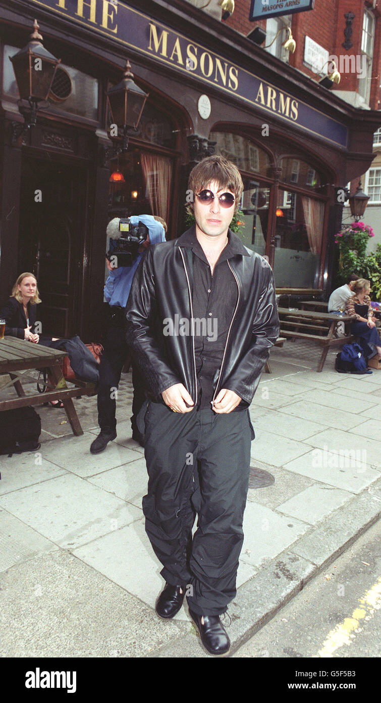 Oasis front man Liam Gallagher after former All Saint Nicole Appleton gave birth to their first baby Monday July 2, 2001. She reportedly said, 'It was easier than having a tattoo.' Stock Photo