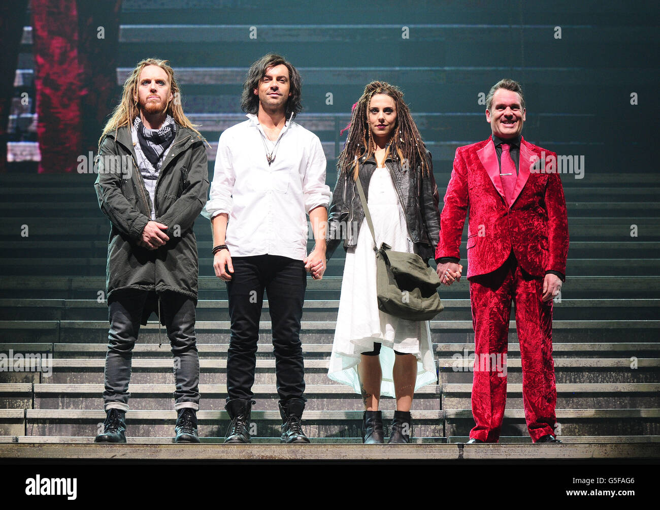 (left - right)Tim Minchin, Ben Forster, Melanie C and Chris Moyles during a dress rehearsal for the new production of Jesus Christ Superstar, at the LH2 centre in London. Stock Photo