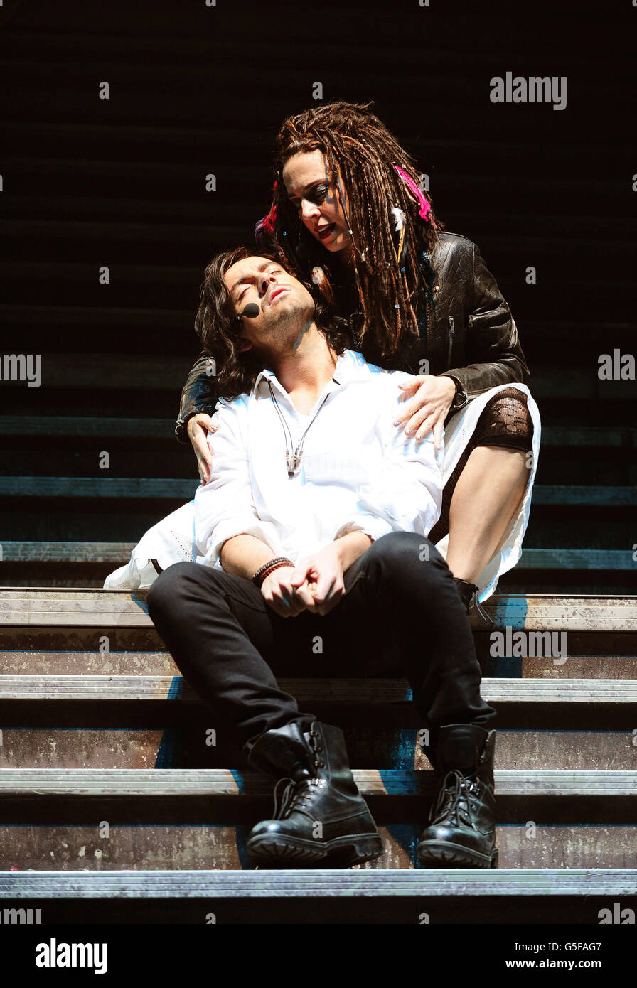 Ben Forster (left) and Melanie C during a dress rehearsal for the new production of Jesus Christ Superstar, at the LH2 centre in London. Stock Photo