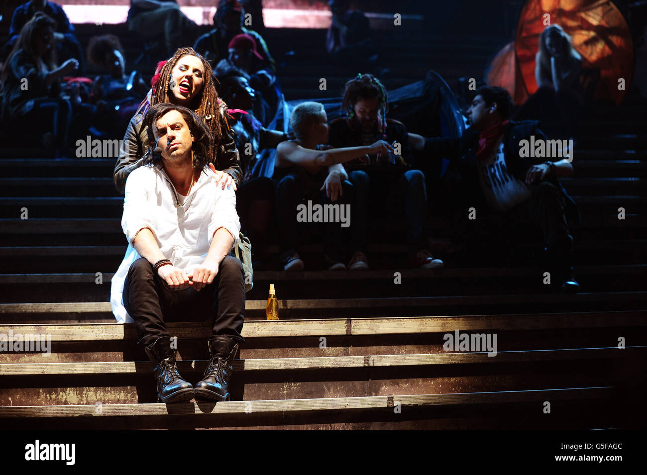 Ben Forster (front) and Melanie C during a dress rehearsal for the new production of Jesus Christ Superstar, at the LH2 centre in London. Stock Photo