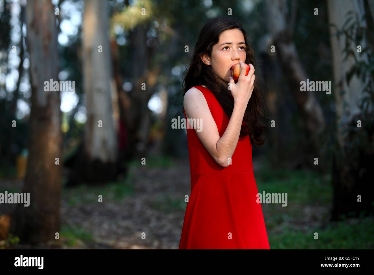 Young girl in red dress eats an apple outdoors Stock Photo