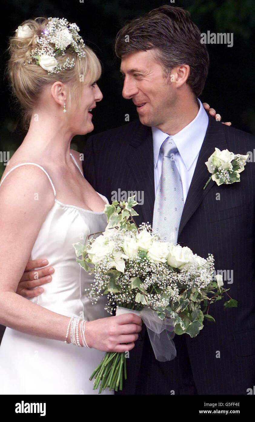 Actress Sarah Lancashire with her new husband Peter Salmon, Director of BBC Sport, after their wedding at Langar Hall, nr Nottingham. Stock Photo