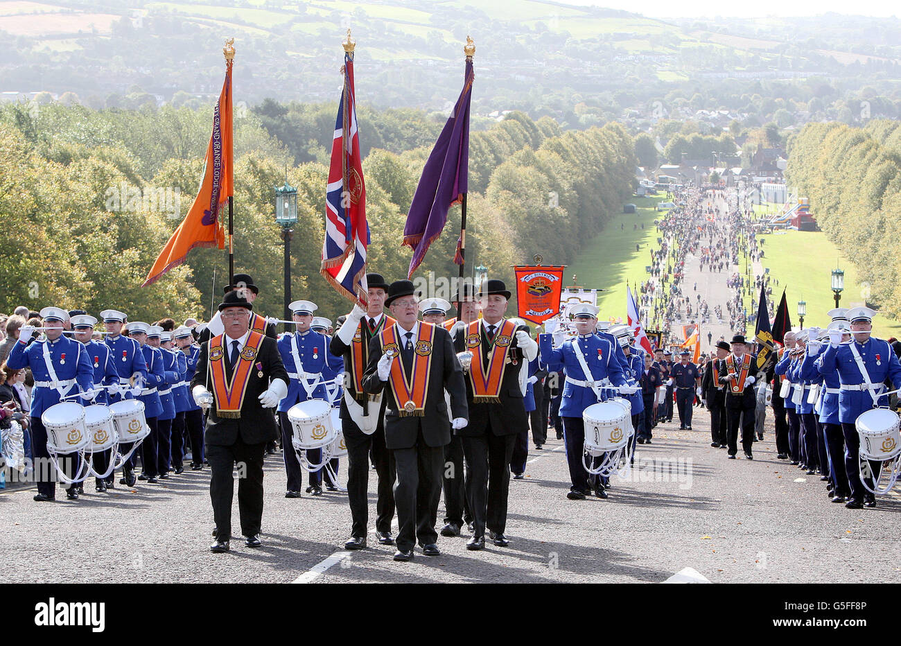 Orange Order members arrive at Stormont in Belfast, during a massive