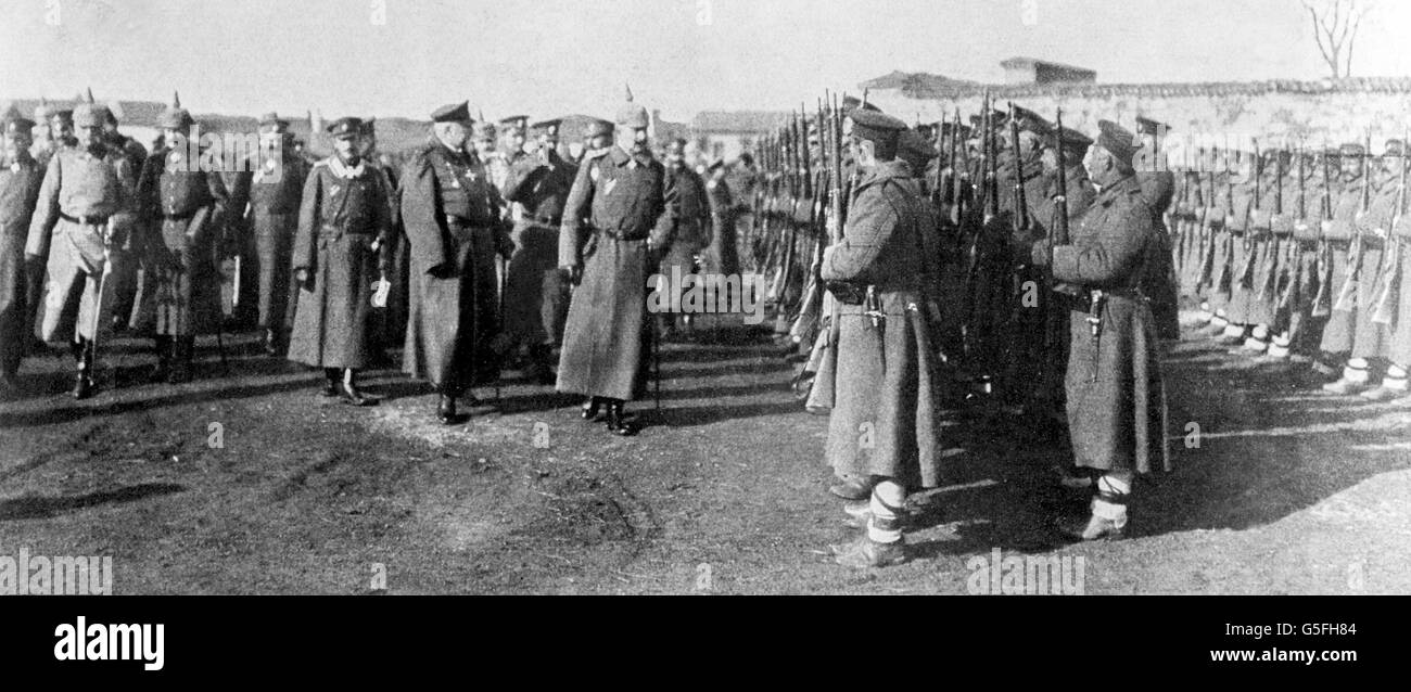 Kaiser Wilhelm II and King Ferdinand of Bulgaria inspect the Bulgarian regiment in France Stock Photo