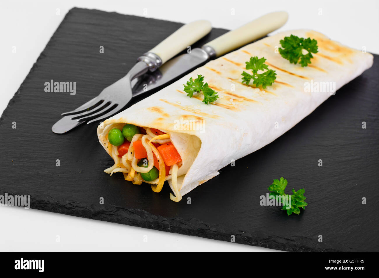 Pita Bread with Vegetables, Chinese Noodles and Arugula Stock Photo Alamy