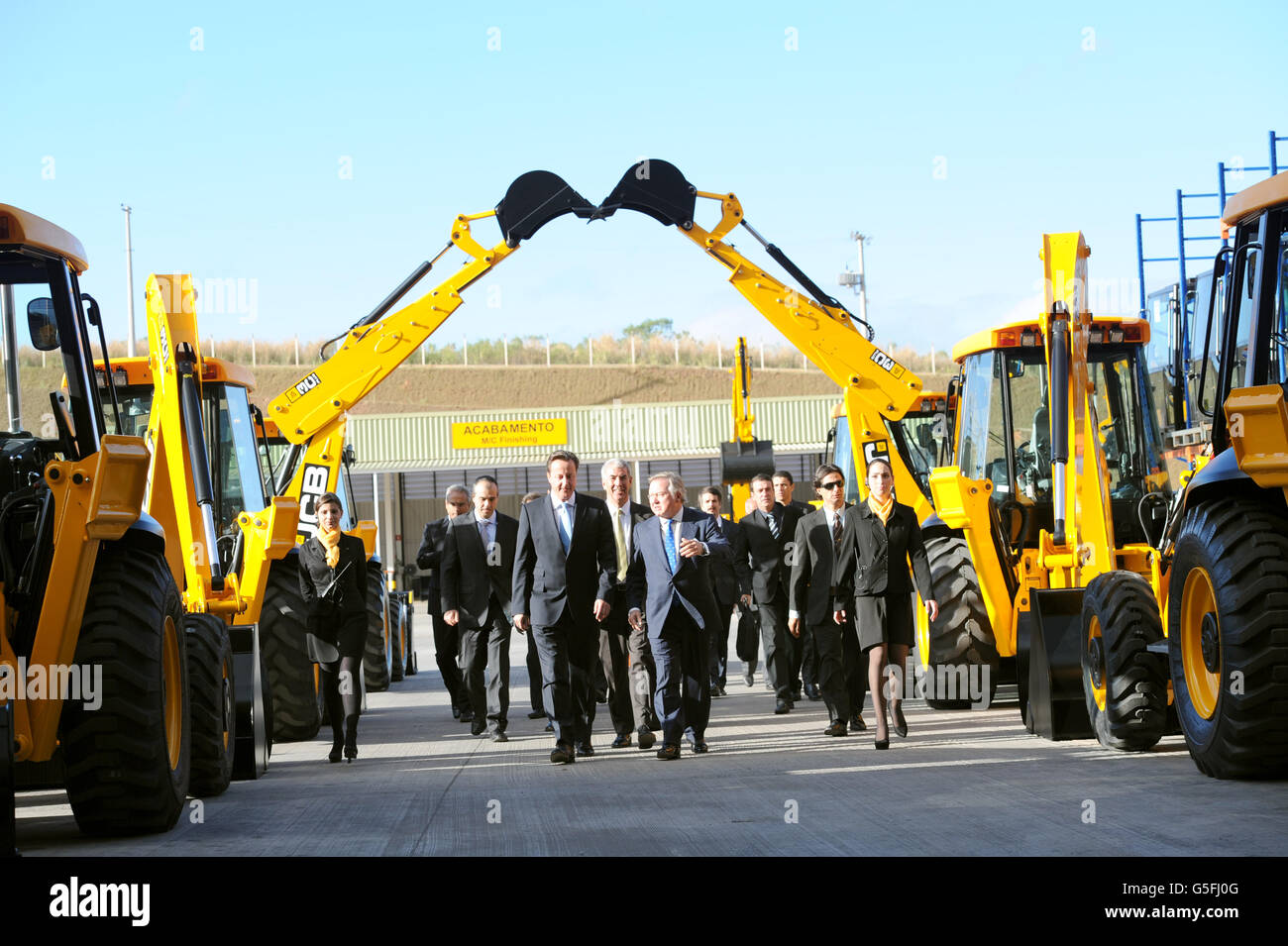 Prime Minister David Cameron tours a new JCB factory in Sao Paulo with company chairman Sir Anthony Bamford during the first of a two day visit to Brazil. Stock Photo