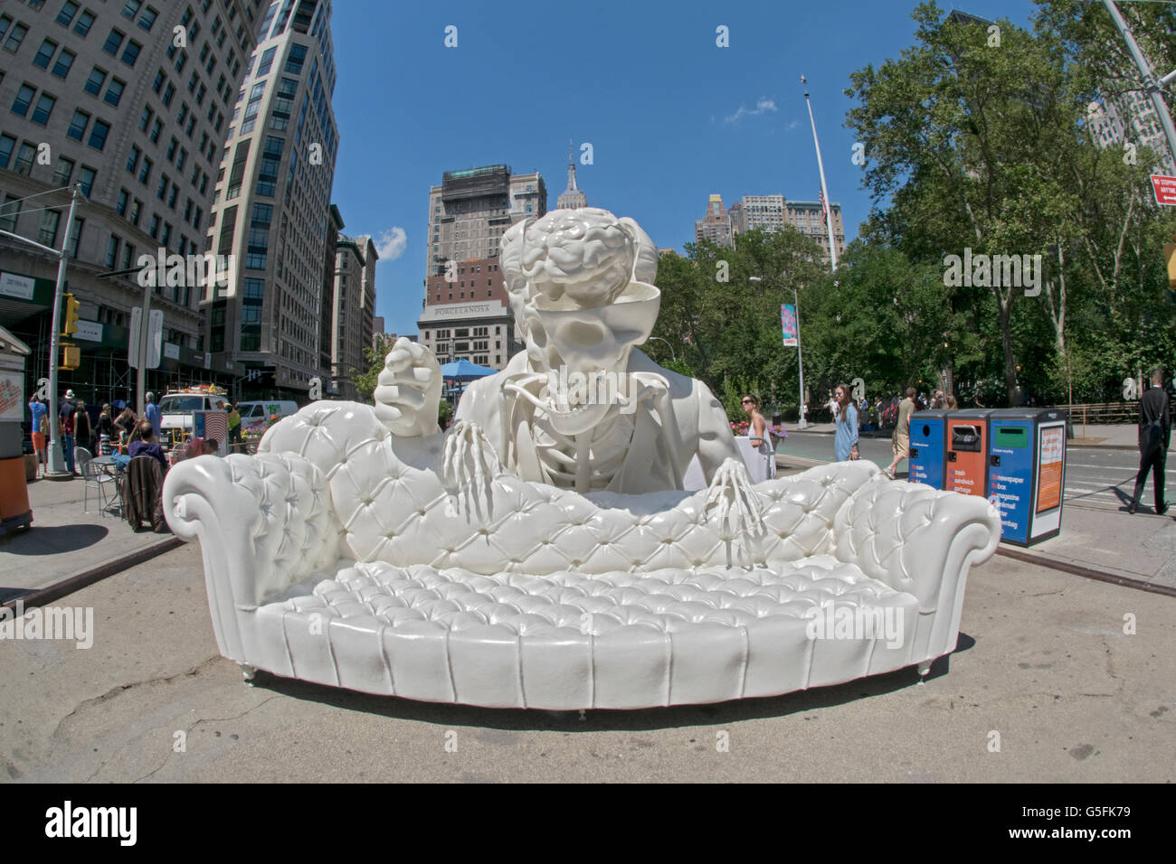 Fisheye view 10 foot statue of Sigmund Freud being dissected on display on 23rd Street in Manhattan in the Flatiron district Stock Photo