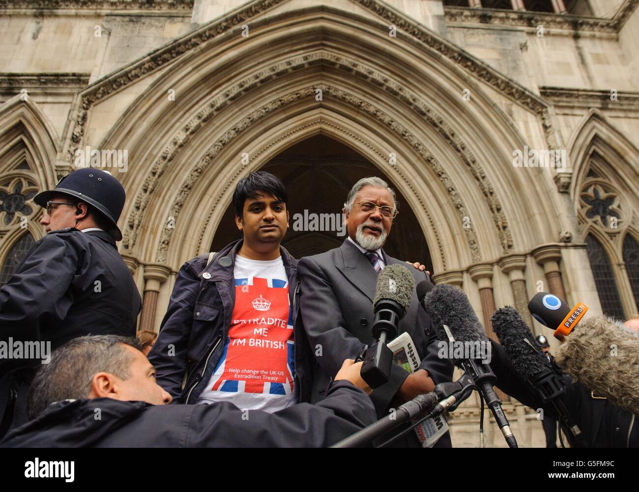 Syed Abu Ahsan, the father of Talha Ahsan (right) and his son Hamja speak to the media outside the Royal Courts of Justice, in central London, following a court judgement to refuse an appeal against extradition by five terror suspects, including radical preacher Abu Hamza. Stock Photo